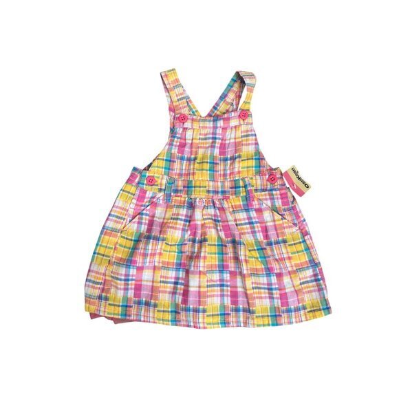OshKosh BGosh Toddler Girls Plaid Overall Dress Size 24M Pink Yellow Teal Cotton - Picture 1 of 4